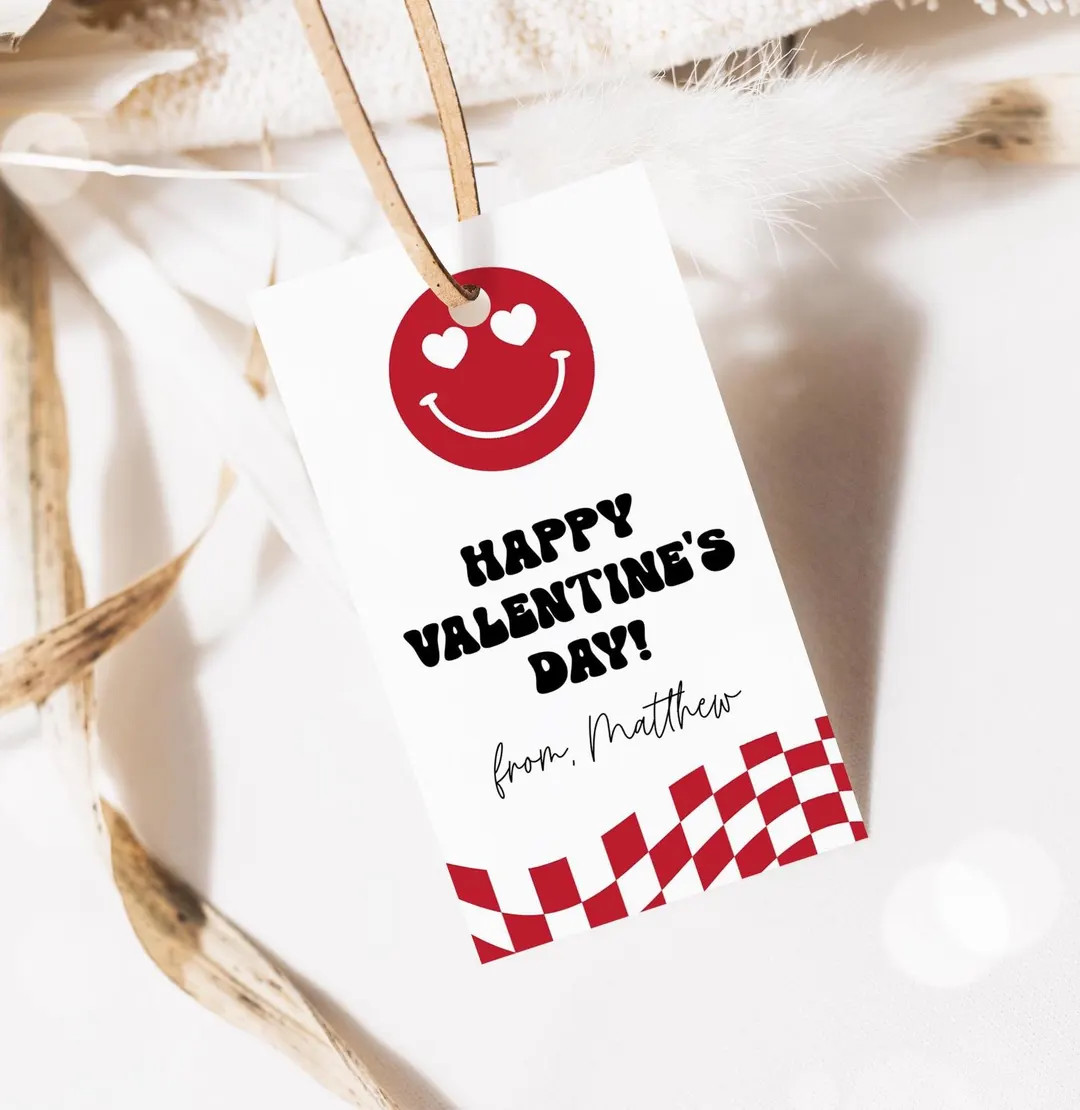 Smiley Face Valentine’s Day Tag, Groovy Checkered Valentine Teacher Team Class Gift Tag, Kids V... | Etsy (US)