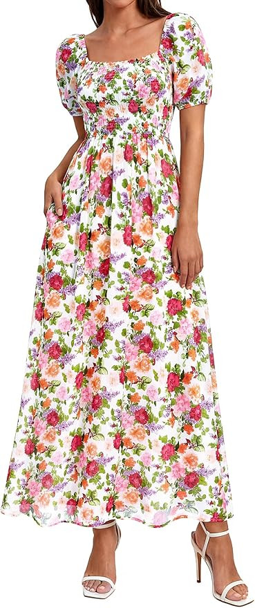 BTFBM Womens Spring Summer Dresses 2026 Square Neck Puff Short Sleeve Smocked Floral Boho Beach W... | Amazon (US)