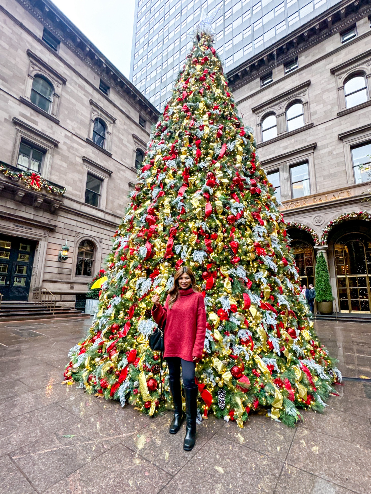 NYC Outfit, Easy Holiday Outfit:
Sweater in small color Wine Red, oversized fit.
Fleece lined leggings in XS(looove).
Knee high boots fit tts.
Suede bag.
Wearing thermal top underneath.

#LTKCyberWeek #LTKHoliday #LTKStyleTip