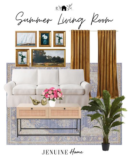 Summer living room. Traditional living room. White traditional couch. Light mid century modern coffee table. Blue traditional rug. Faux plant. Gold velvet curtains. Gold gallery art collection. Faux flowers. Gold bird decor. Mid century modern living room. Eccentric living room. Periwinkle rug  