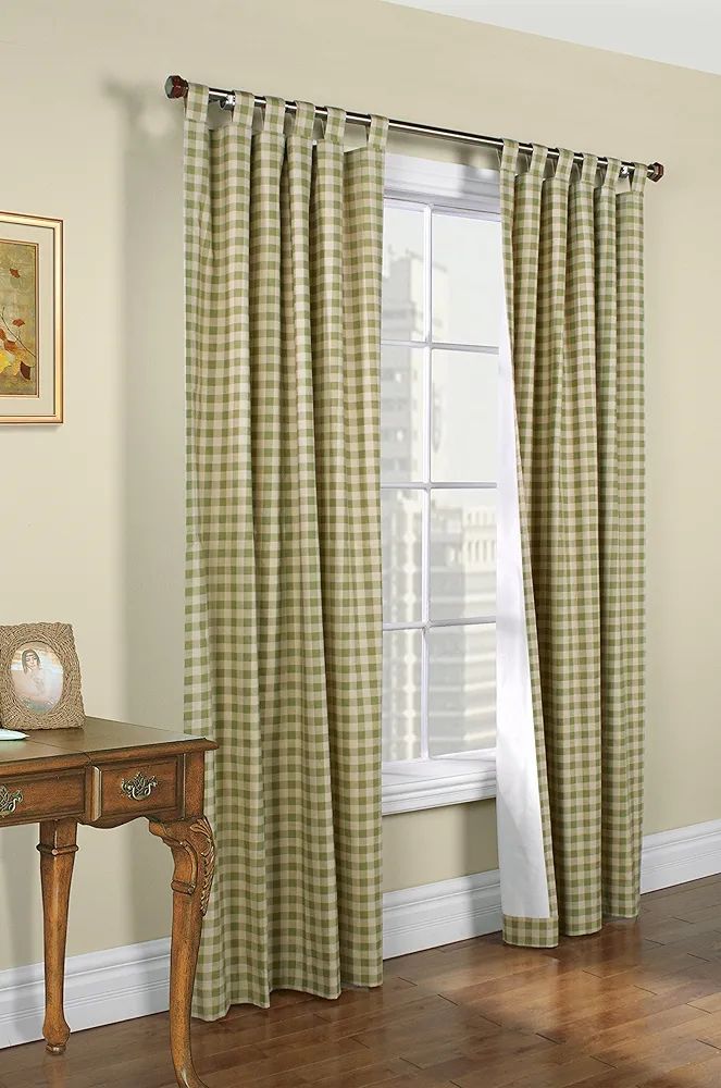 Plow & Hearth 84" Thermalogic™ Check Tab-Top Double-Wide Curtain Pair, in Sage | Amazon (US)