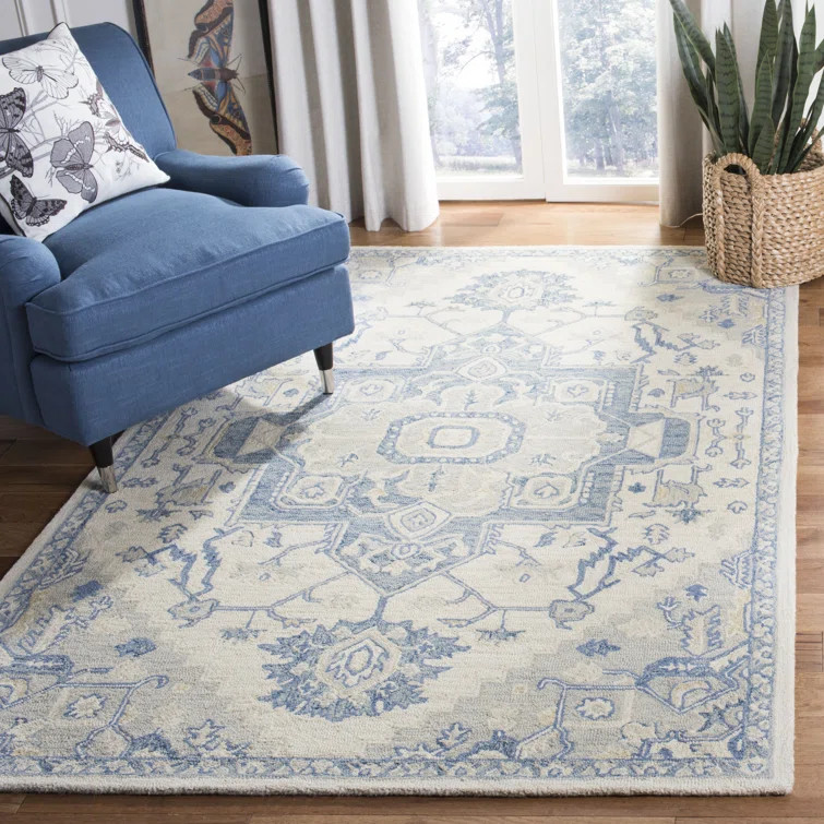 Cuvier Oriental Handmade Flatweave Wool Ivory/Blue Area Rug | Wayfair North America