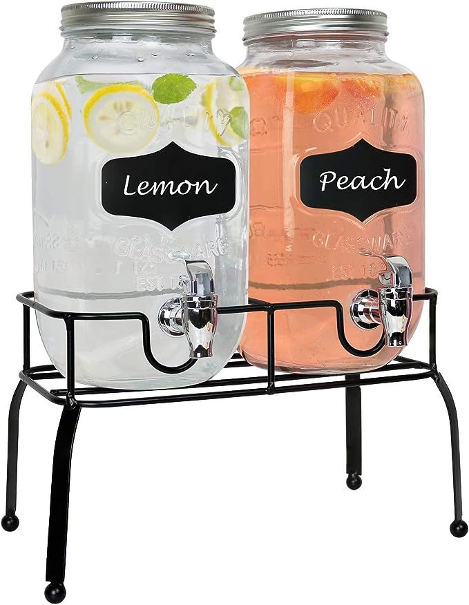 Estilo Glass Set of 2 Mason Jars Beverage Drink Dispensers on Metal Stand with Chalkboard Labels ... | Amazon (US)