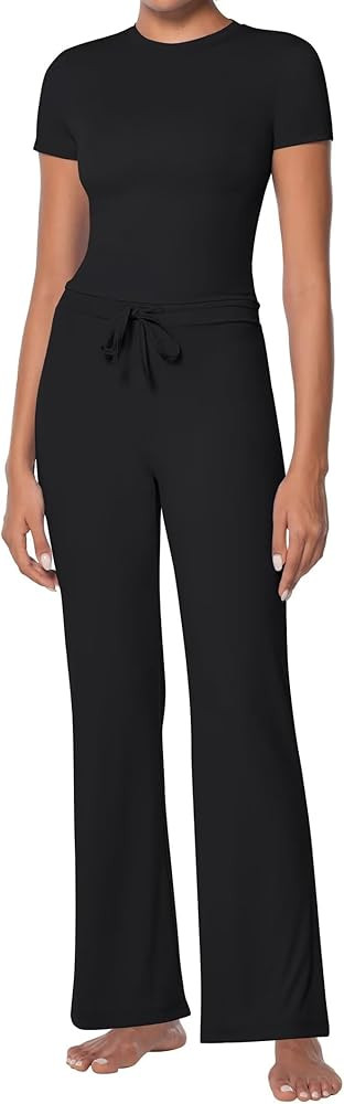 Sunzel Women's 2 Piece Lounge Sets Straight Leg Pants Slim Tight Short Sleeve Tops Matching Set C... | Amazon (US)