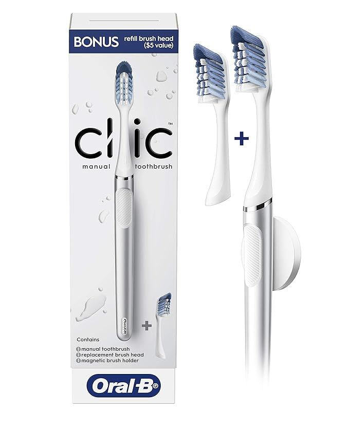 Oral-B Clic Manual Toothbrush, Chrome White, with 1 Bonus Replacement Brush Head and Magnetic Too... | Amazon (US)
