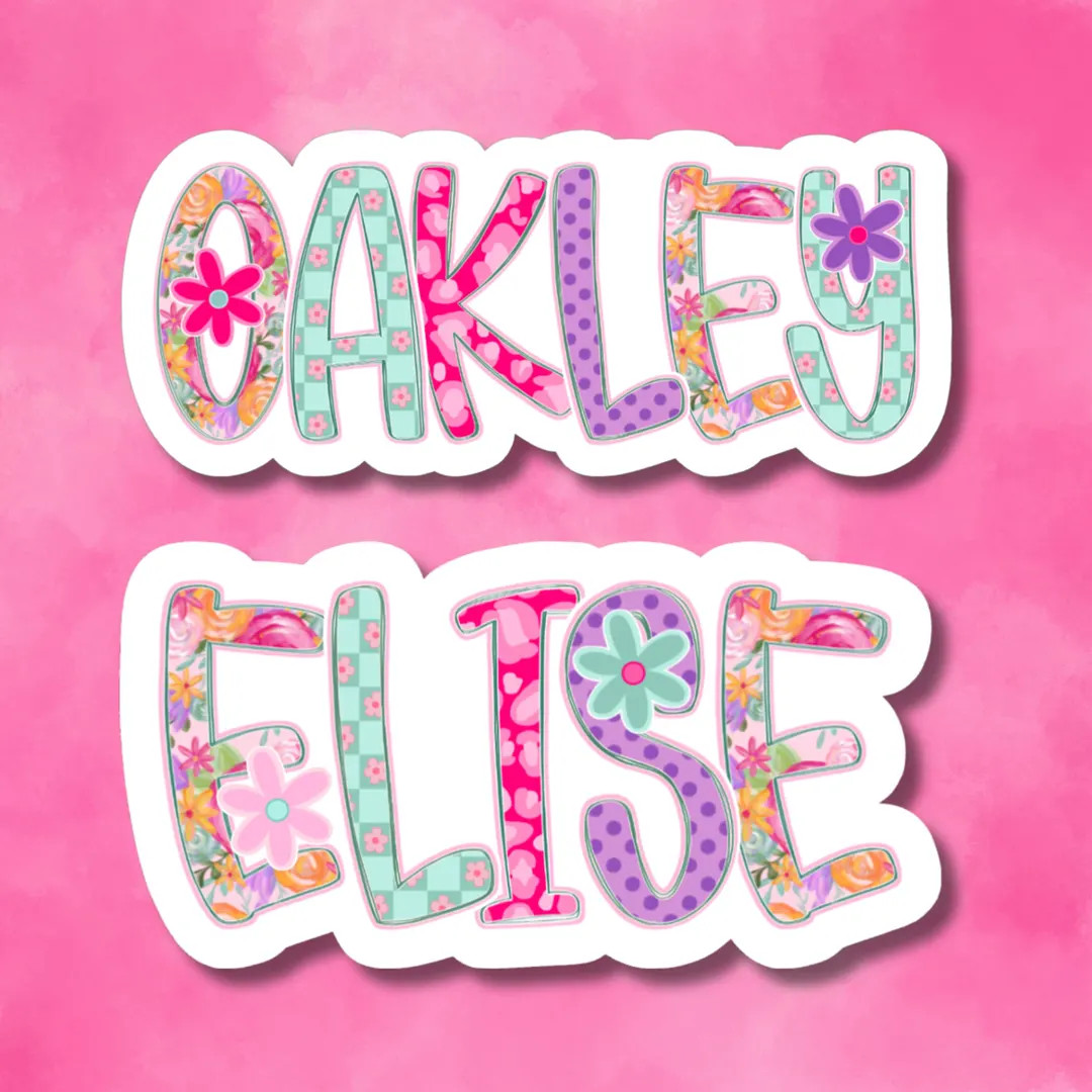 Custom Floral Name Stickers, Whimsical Personalized Decals, Pink Leopard, Mint Check, Purple Dots... | Etsy (US)