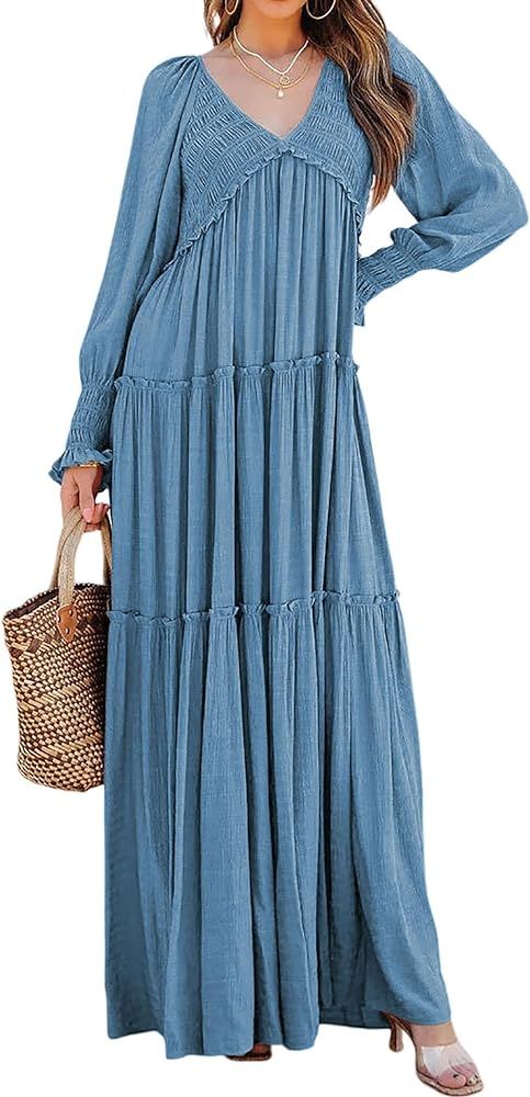 R.Vivimos Maxi Dress for Women Long Sleeve V Neck Empire Waist Layered Ruffle Boho Casual Flowy L... | Amazon (US)