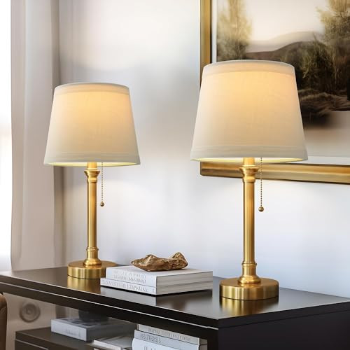 Oneach Modern Gold Brass Table Lamp Set of 2 for Bedroom Living Room 19.5'' Traditional Bedside Desk Nightstand Buffet Candlestick Samll Lamps with White Drum Shade | Amazon (US)