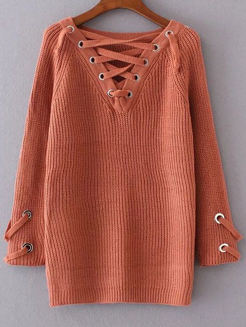 Orange Eyelet Lace Up V Neck Sweater | SHEIN