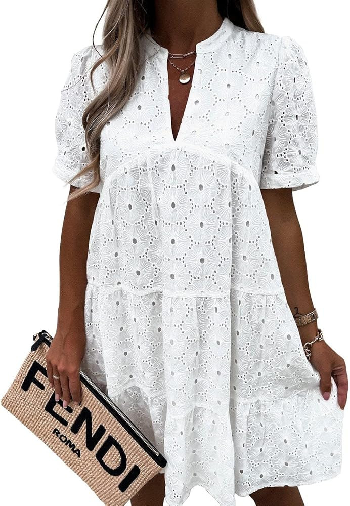 Imily Bela Womens Summer Lace Dresses Eyelet Casual Flowy Babydoll Swing Short Sleeve V Neck Tuni... | Amazon (US)