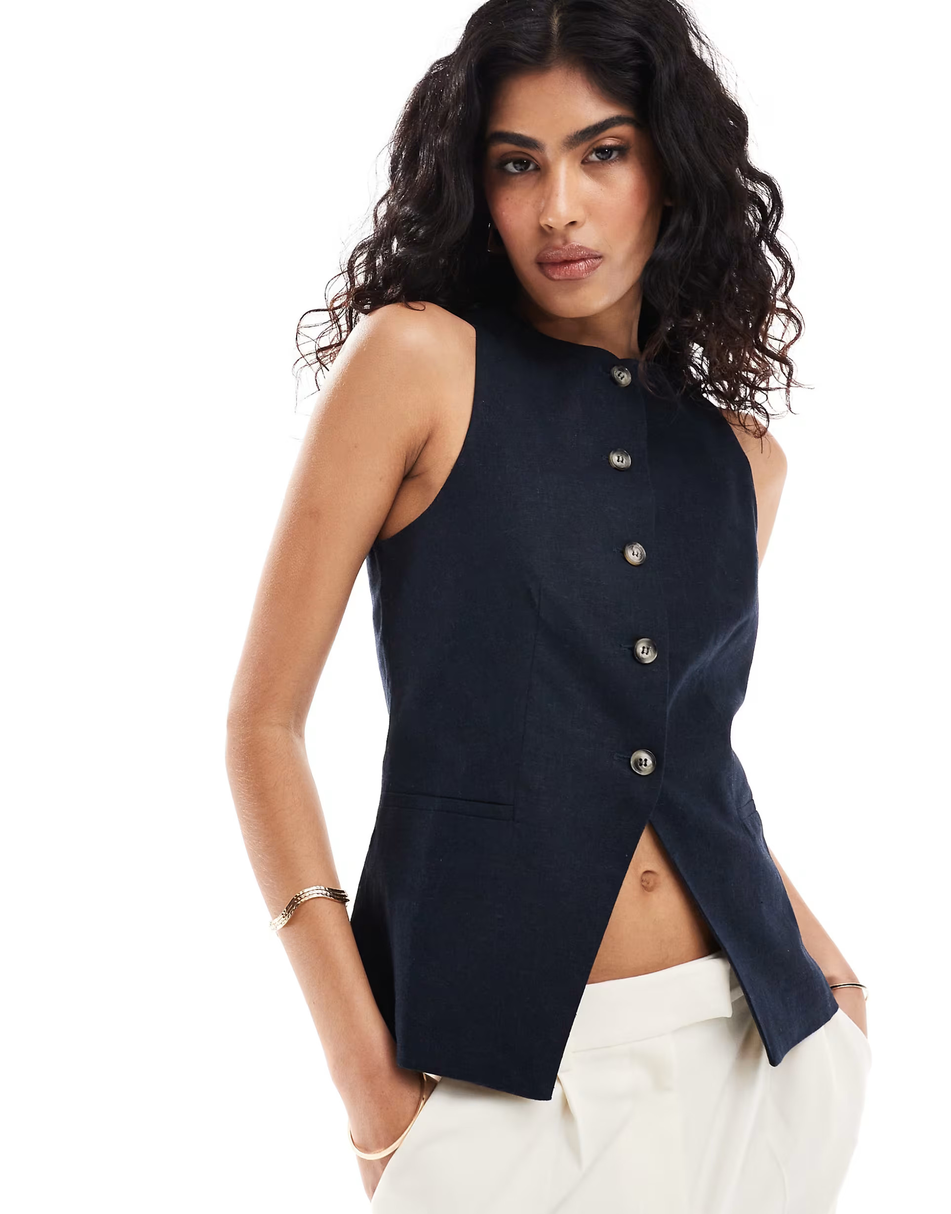 ASOS DESIGN high neck vest with linen in navy | ASOS (Global)