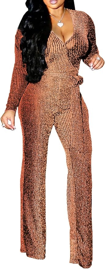 LightlyKiss Women Casual Sexy V Neck Sparkly Jumpsuits Long Sleeve Onesie Loose Pants Party Clubw... | Amazon (US)