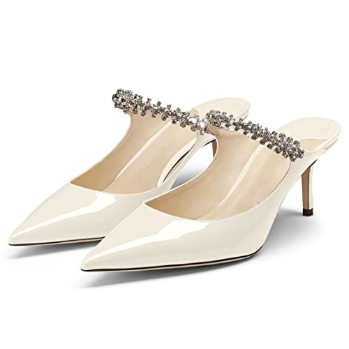 Jimishow Heeled Mules for Woman Rhinestone Mule Heels Strappy Sandals Pointy Closed Toe 2.5” Heel Bridal Dress Shoes Beige Size 5-13 US | Amazon (US)