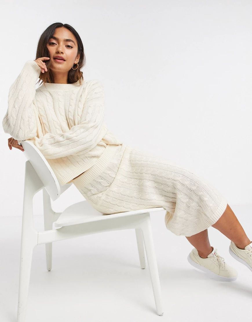 Brave Soul 2 piece cable knit jumper and and midi skirt set in ivory-White | ASOS (Global)