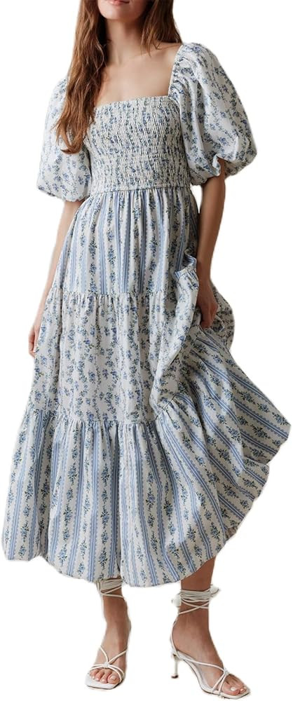 Women Puff Sleeve Maxi Dress Boho Floral Patchwork Square Neck Smocked Tiered Ruffle Flowy Dress ... | Amazon (US)