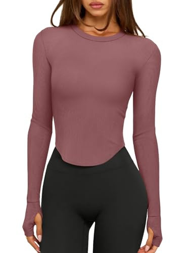 LASLULU Long Sleeve Workout Shirts for Women Lightweight Athletic Crewneck Gym Active Tops Casual Basic Fall Outfits Clothes(Heather Rose Small) | Amazon (US)