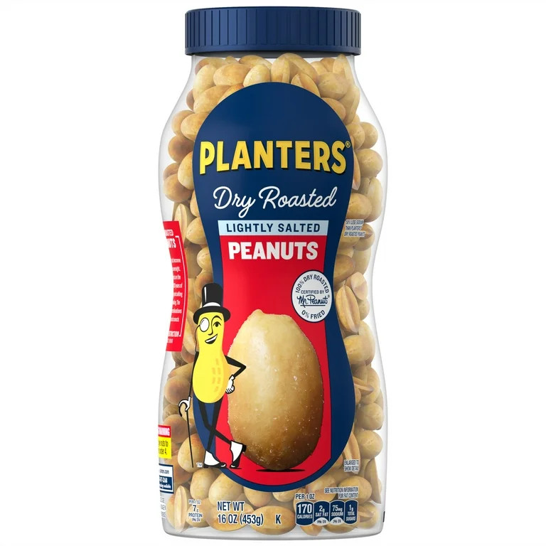 PLANTERS Lightly Salted Dry Roasted Peanuts, Party Snacks, Plant Based Protein, 16 oz Jar | Walmart (US)