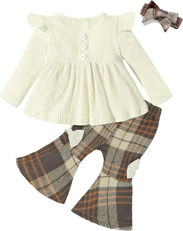 EuquixZeph Toddler Baby Girl Clothes Ribbed Ruffle Long Sleeve Tops Print Bell Bottoms Headband F... | Amazon (US)