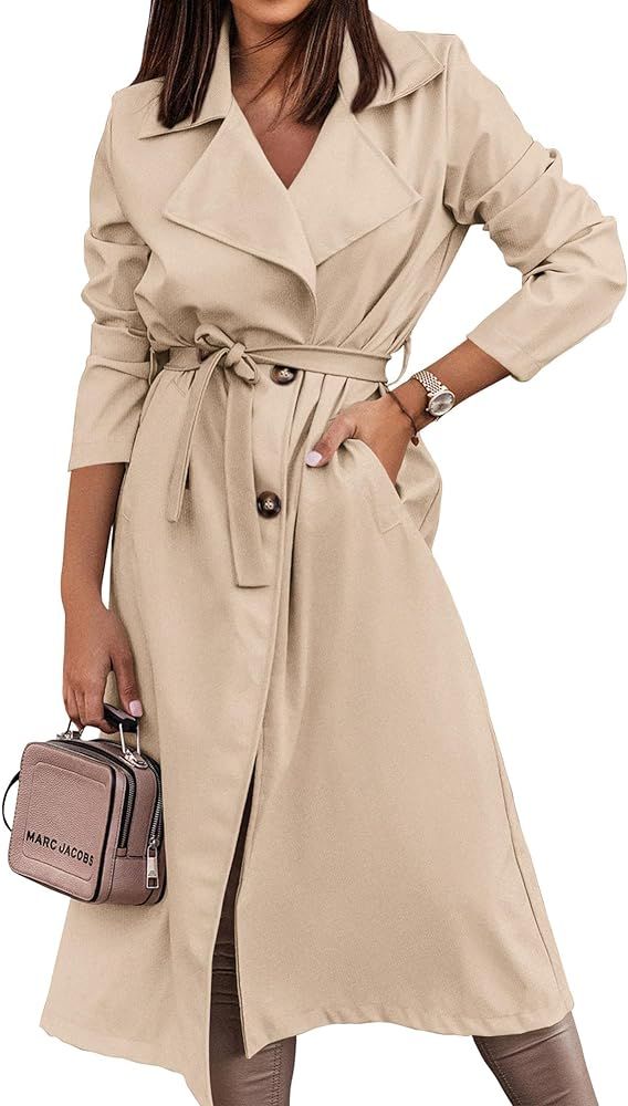 KIRUNDO Women's Trench Coat Long Double-Breasted Fall Fashion 2023 Classic Lapel Slim Overcoat Ou... | Amazon (US)