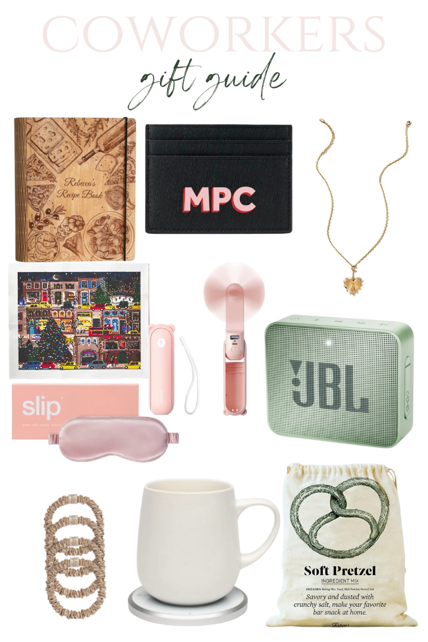 Coworkers, recipe, wallet, handheld fan, Bluetooth speaker, slip, eye mask, slip mask, mug warmer, pretzel kit 

#LTKSeasonal #LTKHoliday #LTKGiftGuide