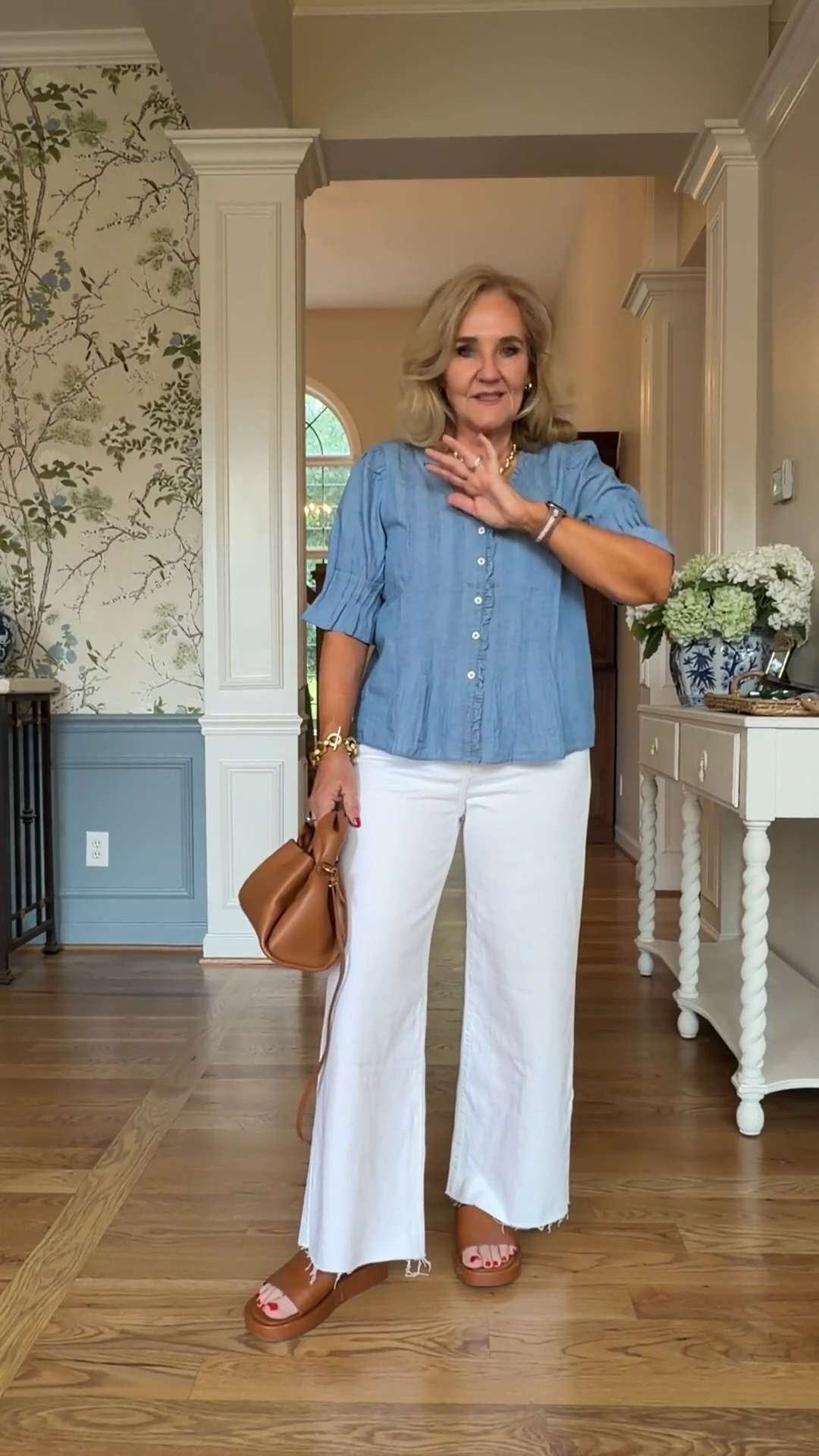 Chambray and white is the ultimate summer uniform 💙🤍 This lightweight chambray blouse pairs perfectly with crisp white pants for a look that feels classic, effortless, and polished. 🫶🏻 

 #LTKootd #LTKSeasonal #LTKSaleAlert