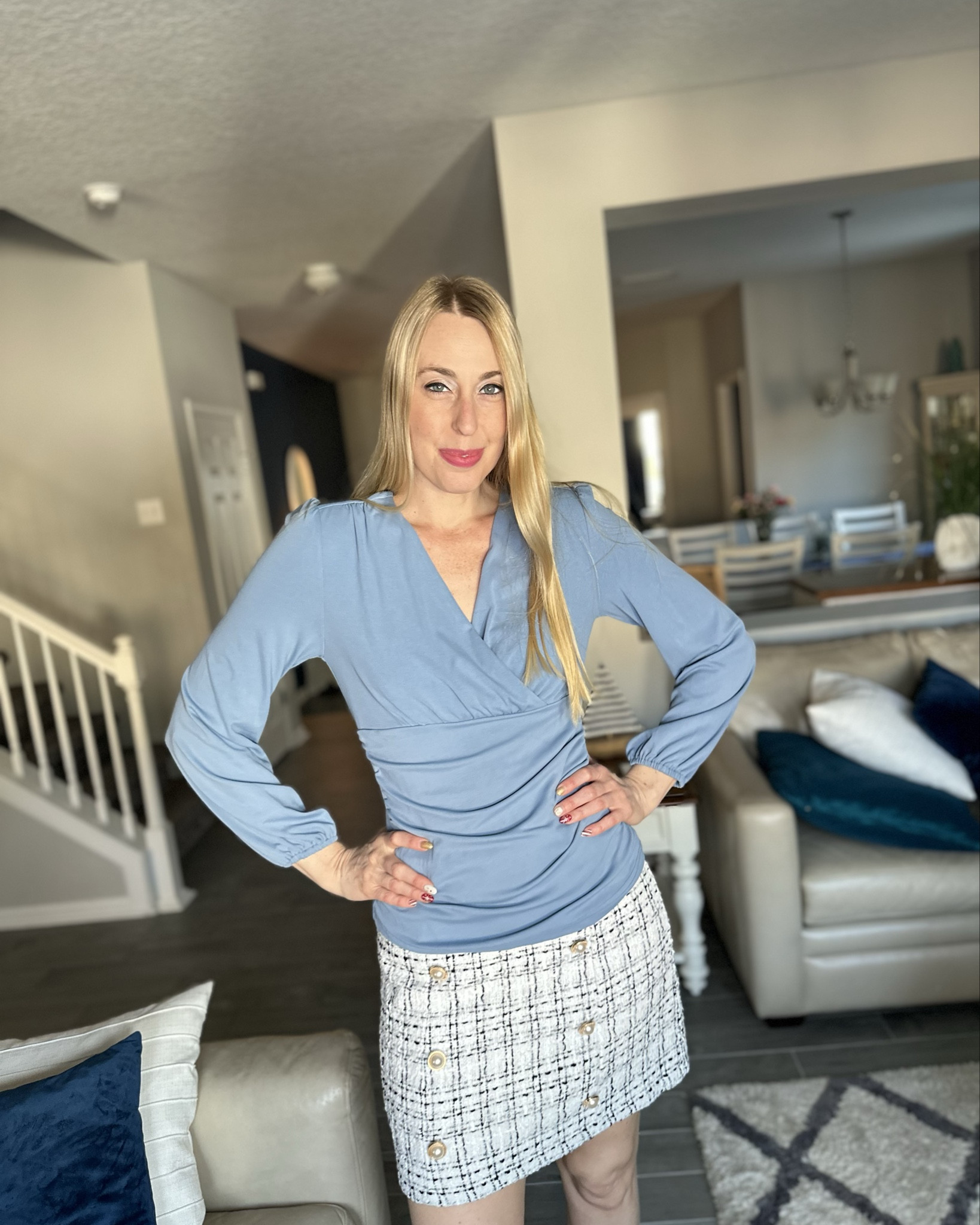 Parisian inspired outfit 
💙 this blouse is super cute and stretchy - fits true to size 
💙 I absolutely love this skirt. You can wear it with so many tops in the new year 
💙 wearing small in both and they both fit true to size 


#LTKStyleTip #LTKWorkwear #LTKFindsUnder50