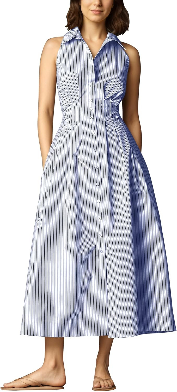 Burtell Women Pleated Button Down Shirt Maxi Dress Summer Lapel V Neck Sleeveless Cinched Waist Long Business Casual Dresses | Amazon (US)