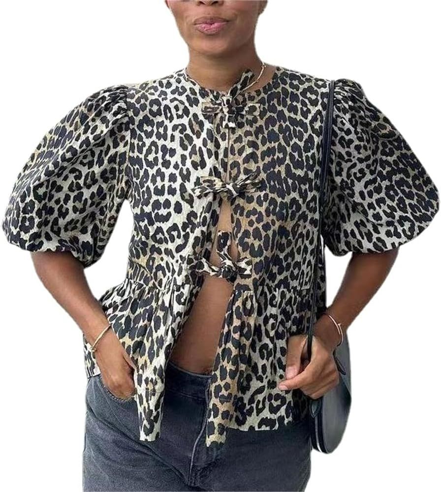 Puff Sleeve Tops for Women Leopard Print Tops for Women Lace Up Top Cute Tops for Women Leopard V... | Amazon (US)