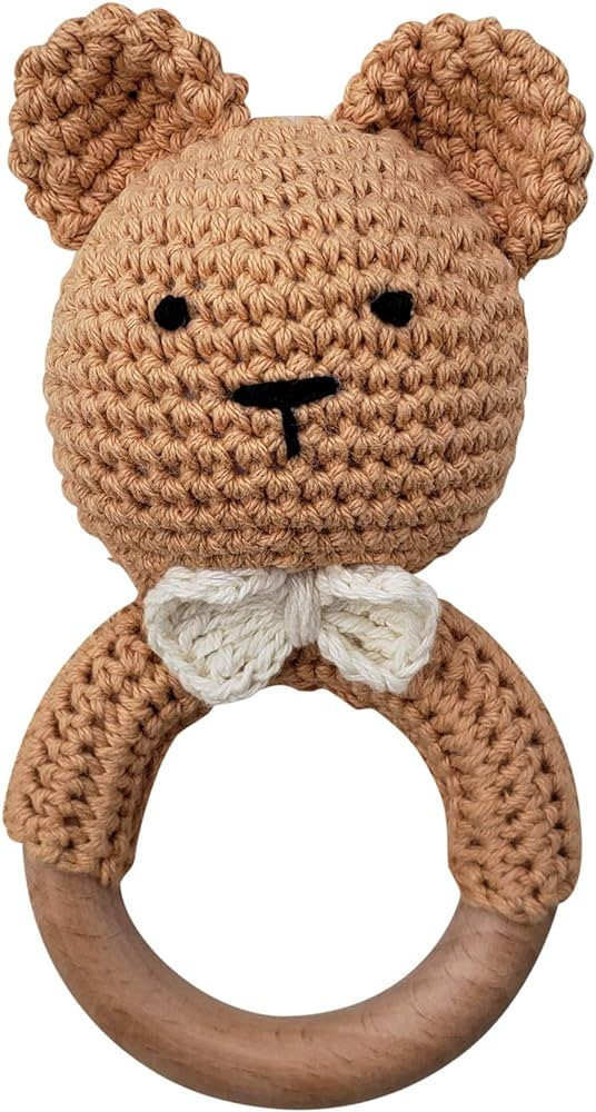 Natural Crochet Teddy Bear Teether Baby Toy Rattle Forest Friends Amigurumi on Natural Wooden Tee... | Amazon (US)