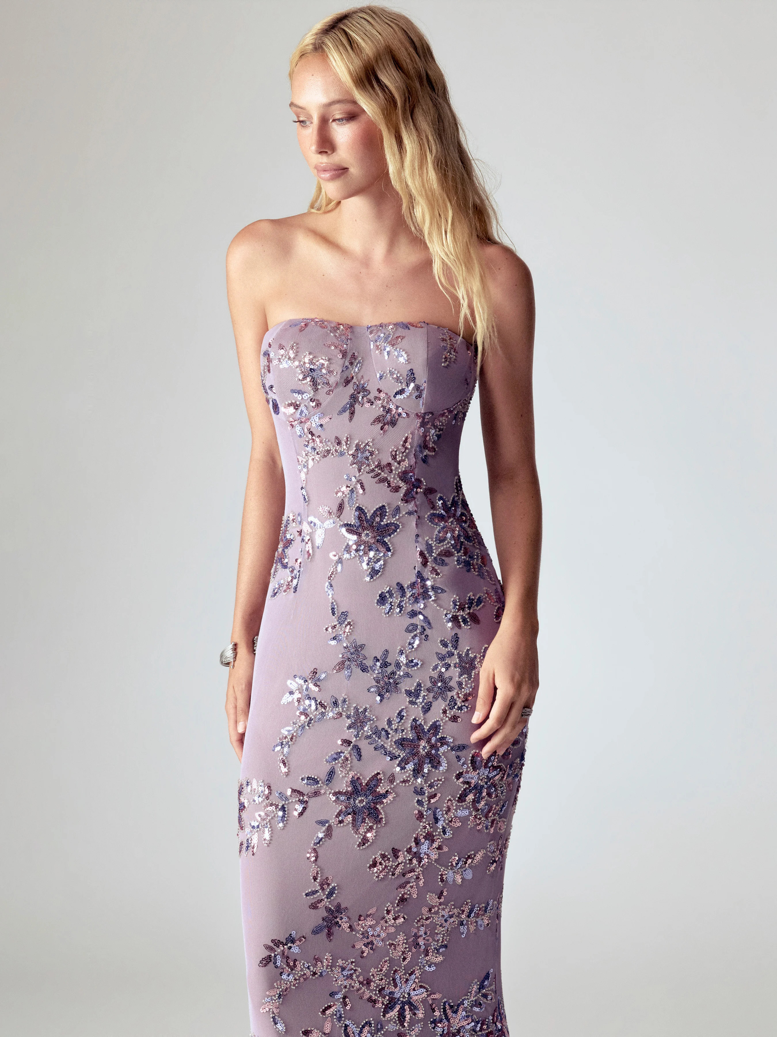 Sequin Textured Floral Embroidery Sweetheart Split Straight Maxi Dress | Cider