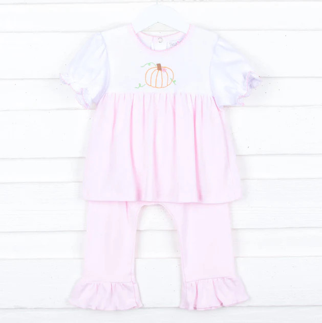Embroidered Pumpkin Pink Knit Pant Set | Classic Whimsy