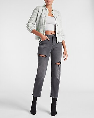 Boucle Embellished Button Fringe Sweater Jacket | Express