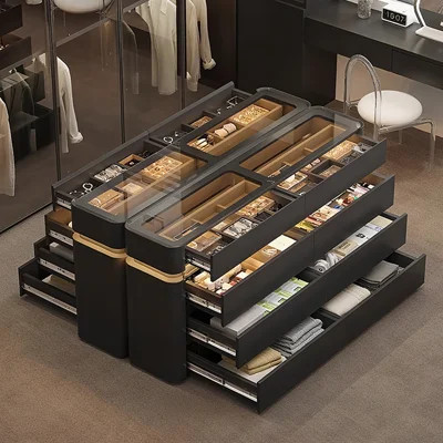 63″ Black Light Luxury Cloakroom Island Cabinet, Home Jewelry Storage Organizer with Built-in LED Light Strip, Double-Sided Drawer Chest for Bedroom, | Wayfair North America