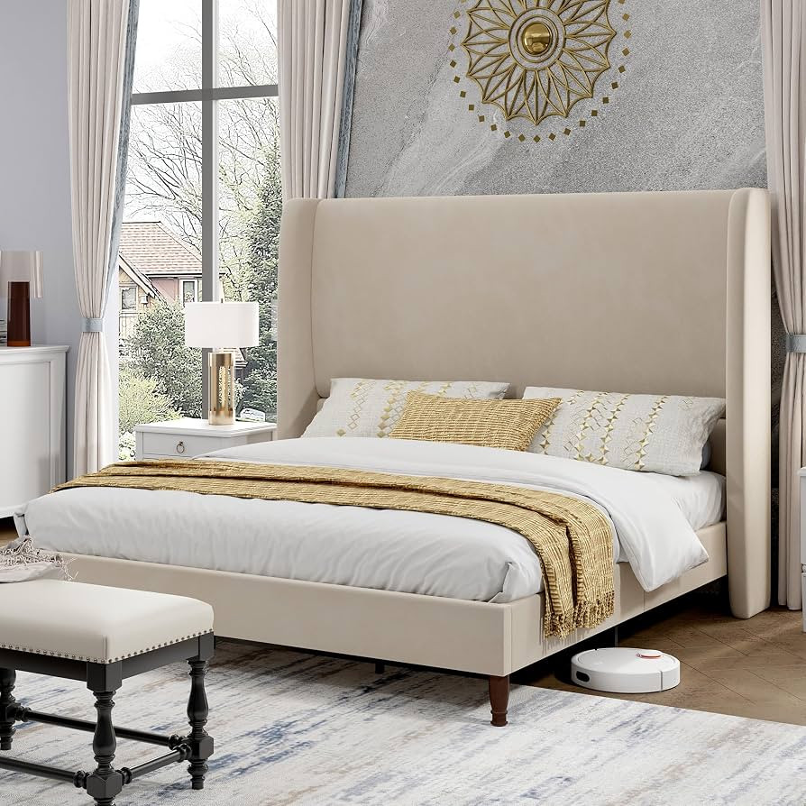 PaPaJet Queen Bed Frame Velvet Upholstered 51.2" Tall Headboard, Off-White | Amazon (US)