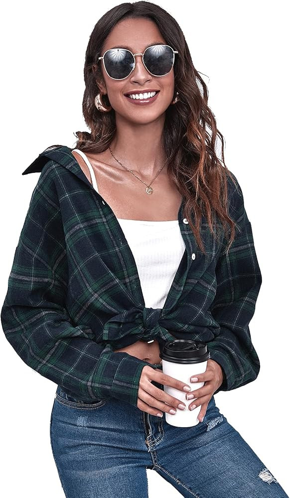 SweatyRocks Women's Long Sleeve Collar Long Button Down Plaid Shirt Blouse Tops | Amazon (US)