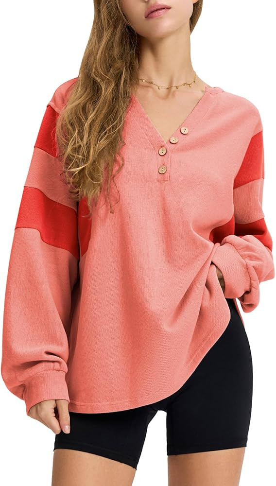 EXLURA Women's Oversized V Neck Henley Shirt Patchwork 2024 Color Block Sweatshirt Long Sleeve Bu... | Amazon (US)