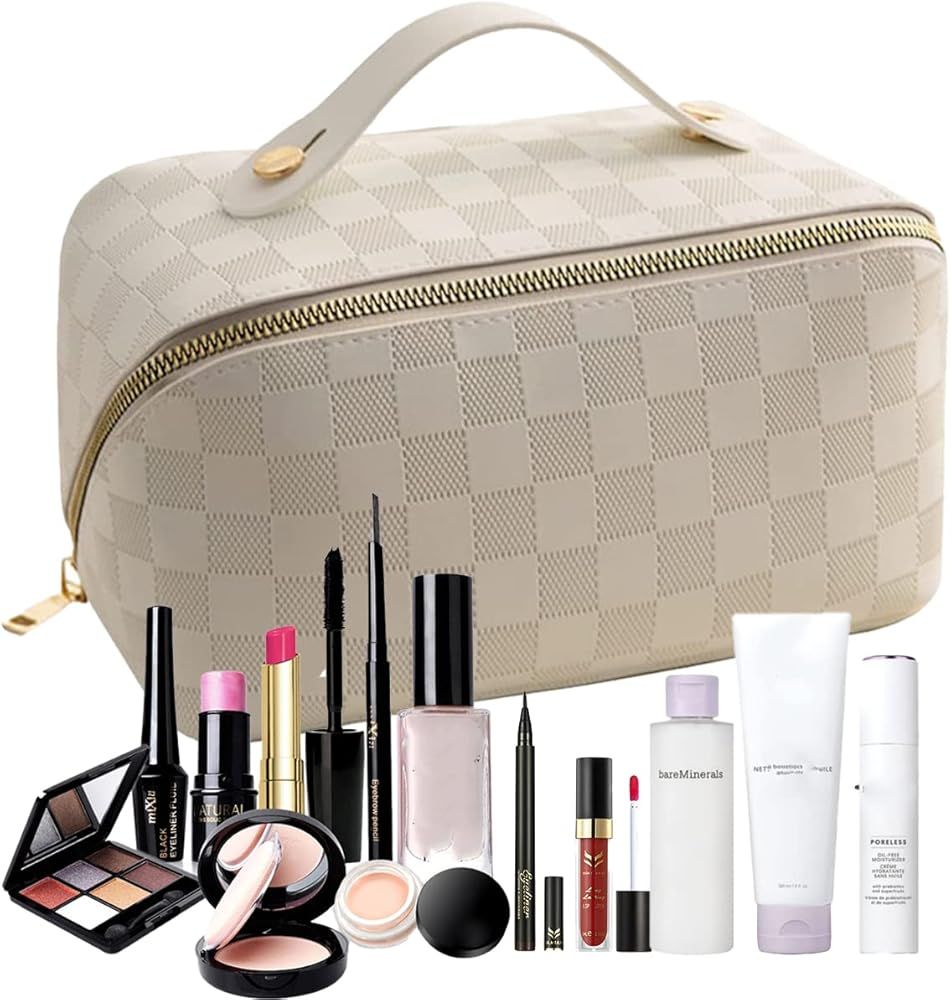 Brown Large Capacity Travel Cosmetic Bag Plaid Checkered Makeup Bag PU Leather Waterproof Skincar... | Amazon (US)