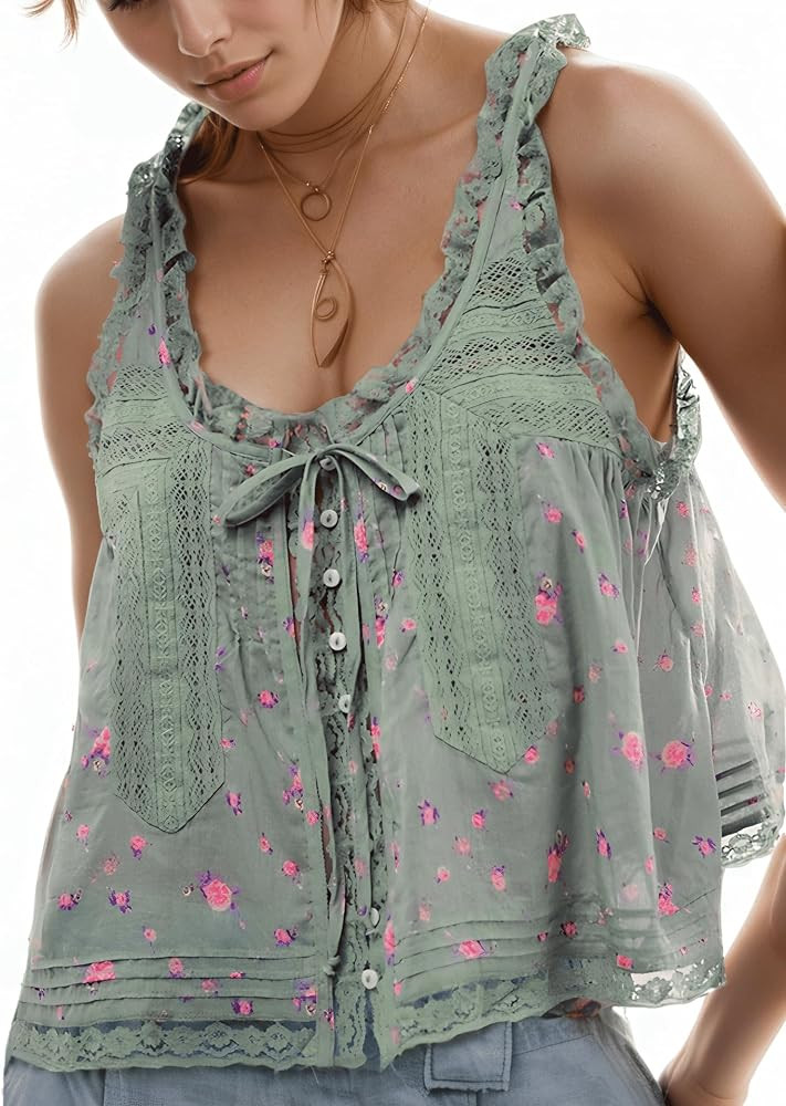 Women Boho Lace Tank Top Boho Summer Vacation Top Sleeveless Button Down Front Tie Lace Y2k Tops ... | Amazon (US)