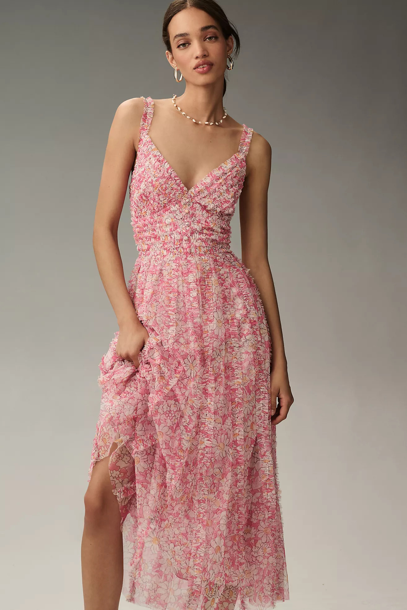 Mac Duggal Sleeveless V-Neck Mesh Midi Dress | Anthropologie (US)