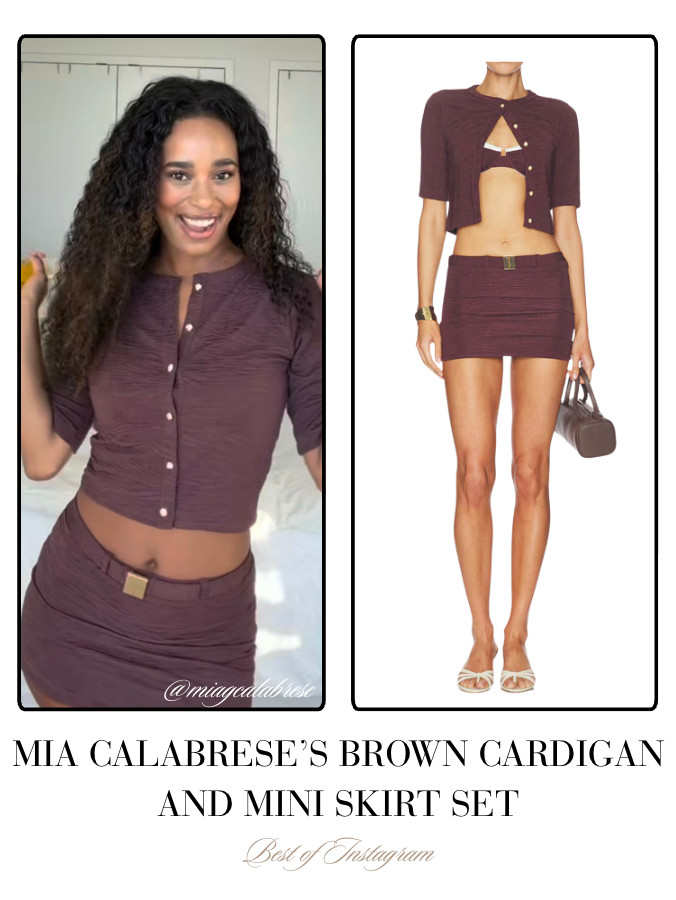 Mia Calabrese's Brown Cardigan and Mini Skirt Set 📸= @miagcalabrese 

 