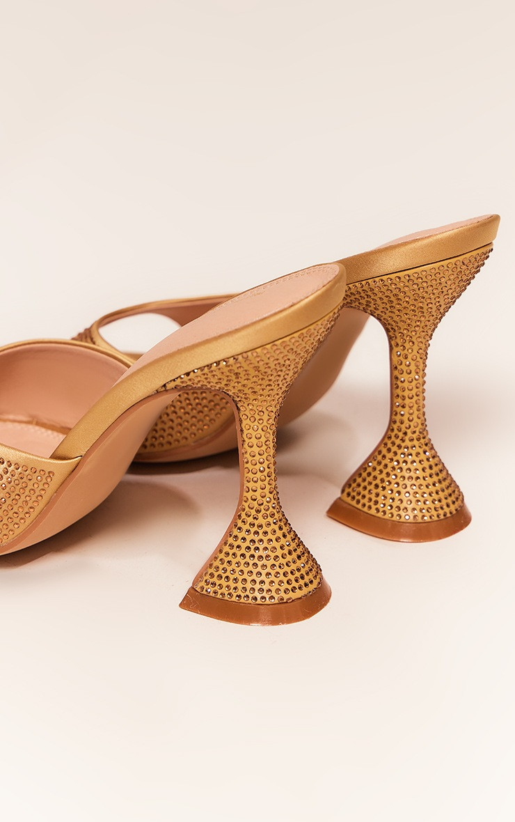 Gold PU Diamante Point Toe Square Mid Heeled Mules | PrettyLittleThing UK