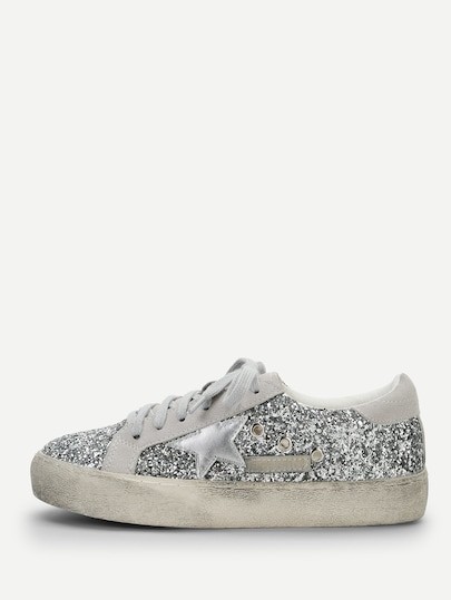 Star Detail Glitter Lace Up Sneakers | SHEIN
