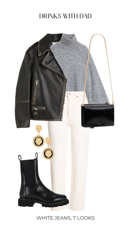 Black leather jacket grey jumper knit white denim jeans black handbag and black boots 

#LTKstyletip #LTKkids #LTKshoecrush