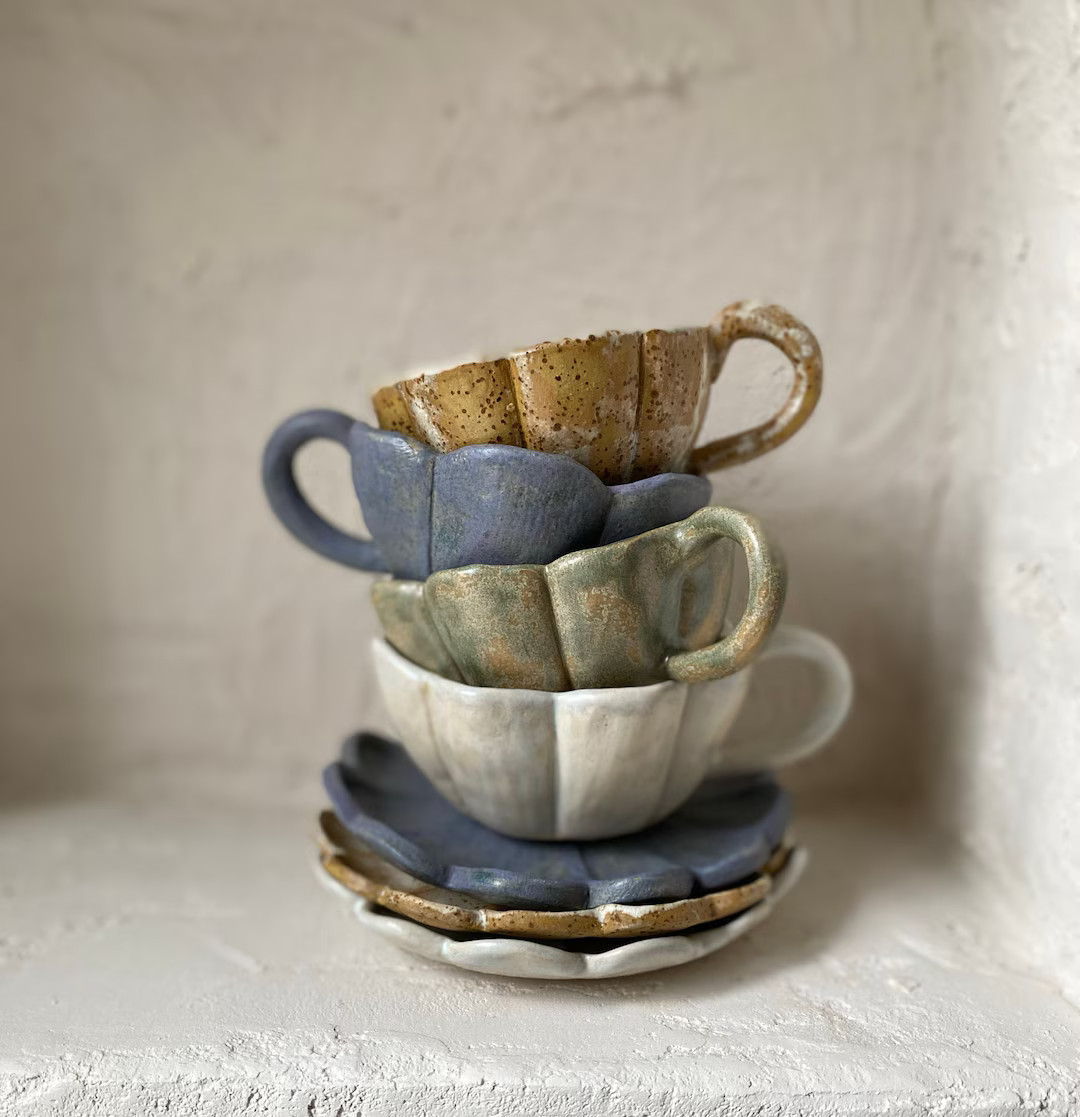 Ceramic Rustic Petal Cups Handmade Stoneware Nordic Cappuccino Cup One of Kind Latte Coffee Mug F... | Etsy (US)