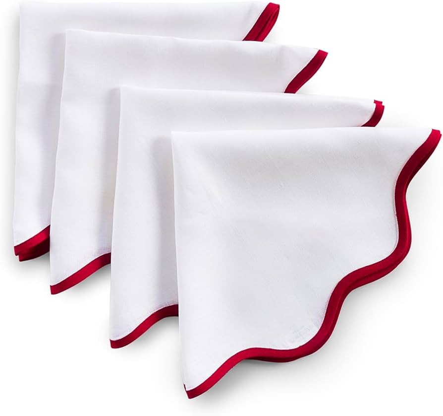 Solino Home Scallop Linen Napkins 20 Inch – 100% Pure Linen Red and White Round Cloth Napkins S... | Amazon (US)