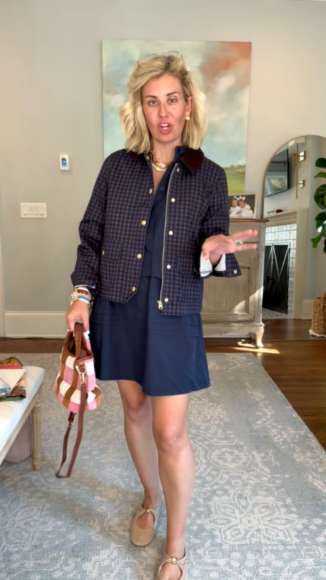 This jacket is a must have yall!! Take a blank canvas dress, and style away! ￼
Dress - xs
Jacket - xs
Mary Jane’s - 7.5 (sized 1/2 down) 

Codes:
Erin McDermott- mixandmatch for 25% off my necklace
Allie + Bess - Catherine20

#LTKdayinmylife #LTKootd #LTKmomlife