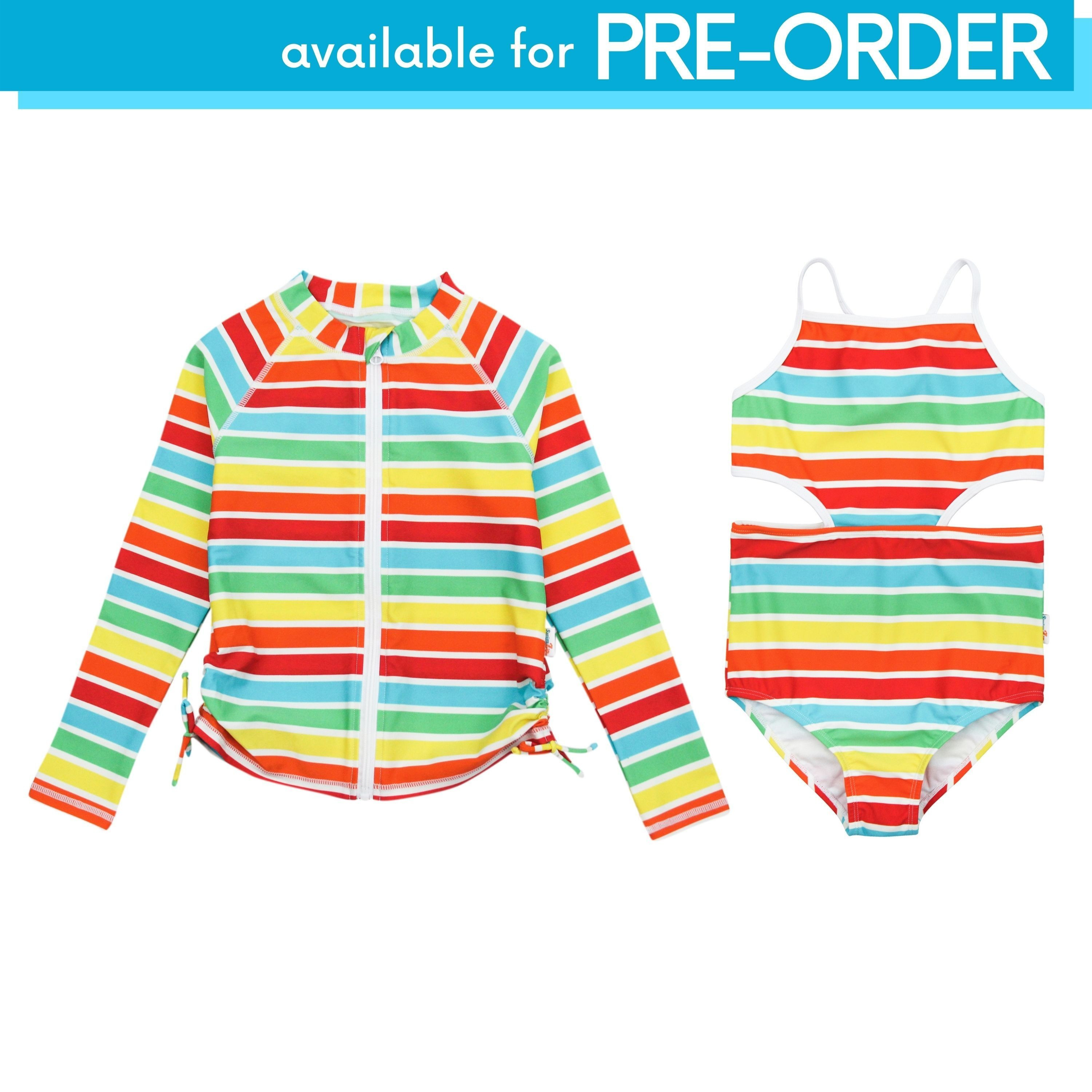 Girl's One-Piece Cut Out Swimsuit and Long Sleeve Rash Guard Set | "Rainbow" | SwimZip