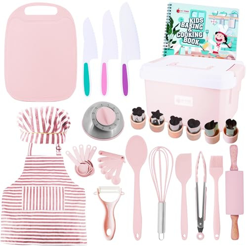 JoyTown Kids Cooking and Baking Set with Storage Case –Complete Cooking Supplies for The Junior Chef with Cookbook, Knives, Timer, Kids Baking Kit for Girls & Boys – Real Utensils Accessories - Pink | Amazon (US)