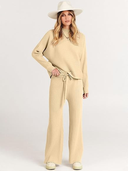 ANRABESS Women's Two Piece Outfits Batwing Long Sleeve Crop Top & Ribbed Knit Wide Leg Pants Loun... | Amazon (US)