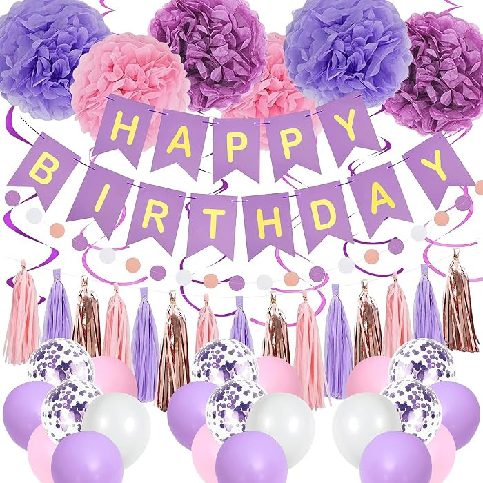 Purple Pink Birthday Party Decorations for Women Girls with Happy Birthday Banner,Hanging Swirls,... | Amazon (US)